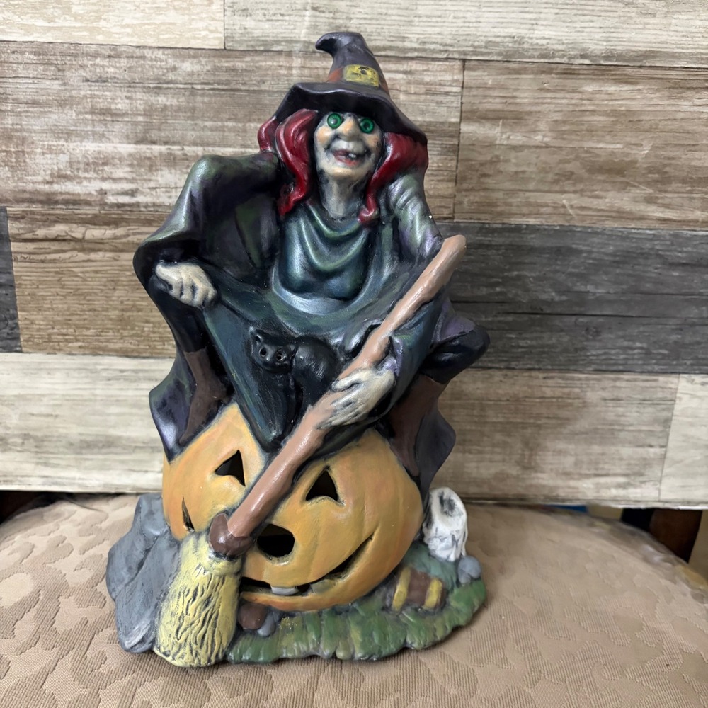 Vintage Halloween Witch on Pumpkin Figurine Light Holder Spooky Byron Mold 9.5in